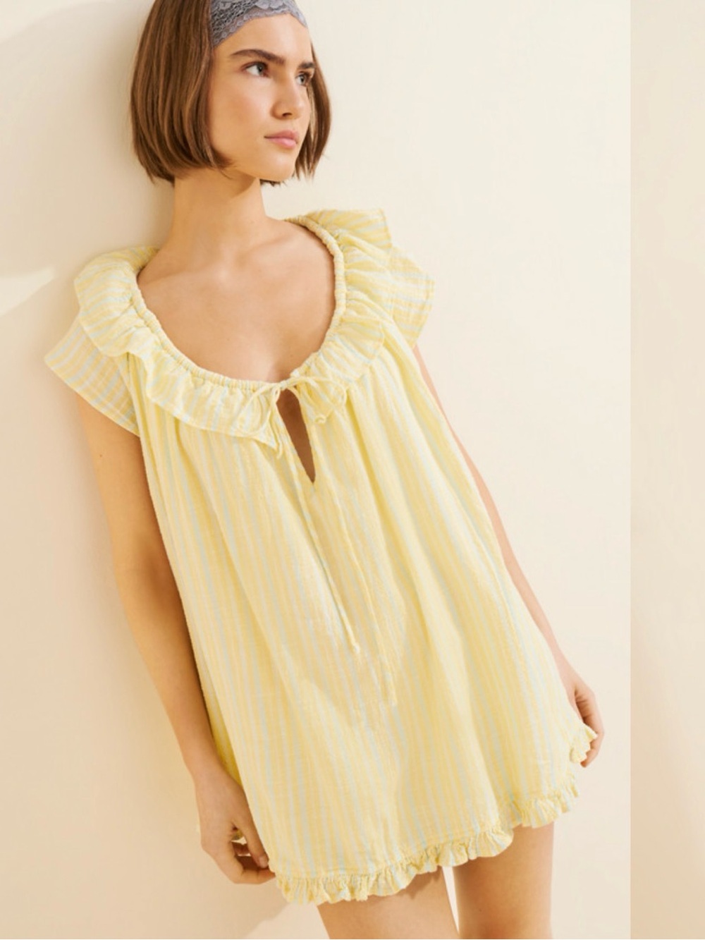 Women's Yellow Stripe Ruffled Sleep Chemise